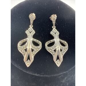 VINTAGE ART DECO 925 SP MARCASITE DROP DANGLE CHANDELIER Pierced EARRINGS